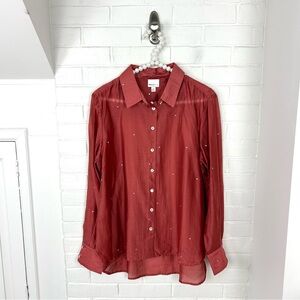 Bailey 44 Sheer Rhinestone Gem Button Down Shirt Size L